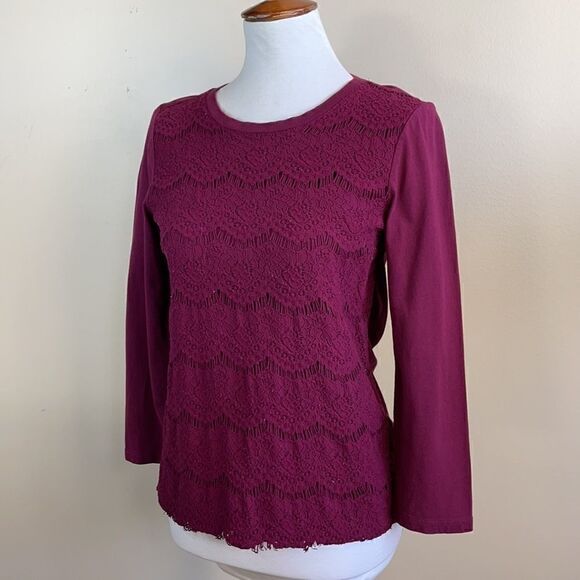 J. Crew Burgundy Crew Neck Pullover Lightweight Lace Top (Size: Small) - Picture 6 of 15